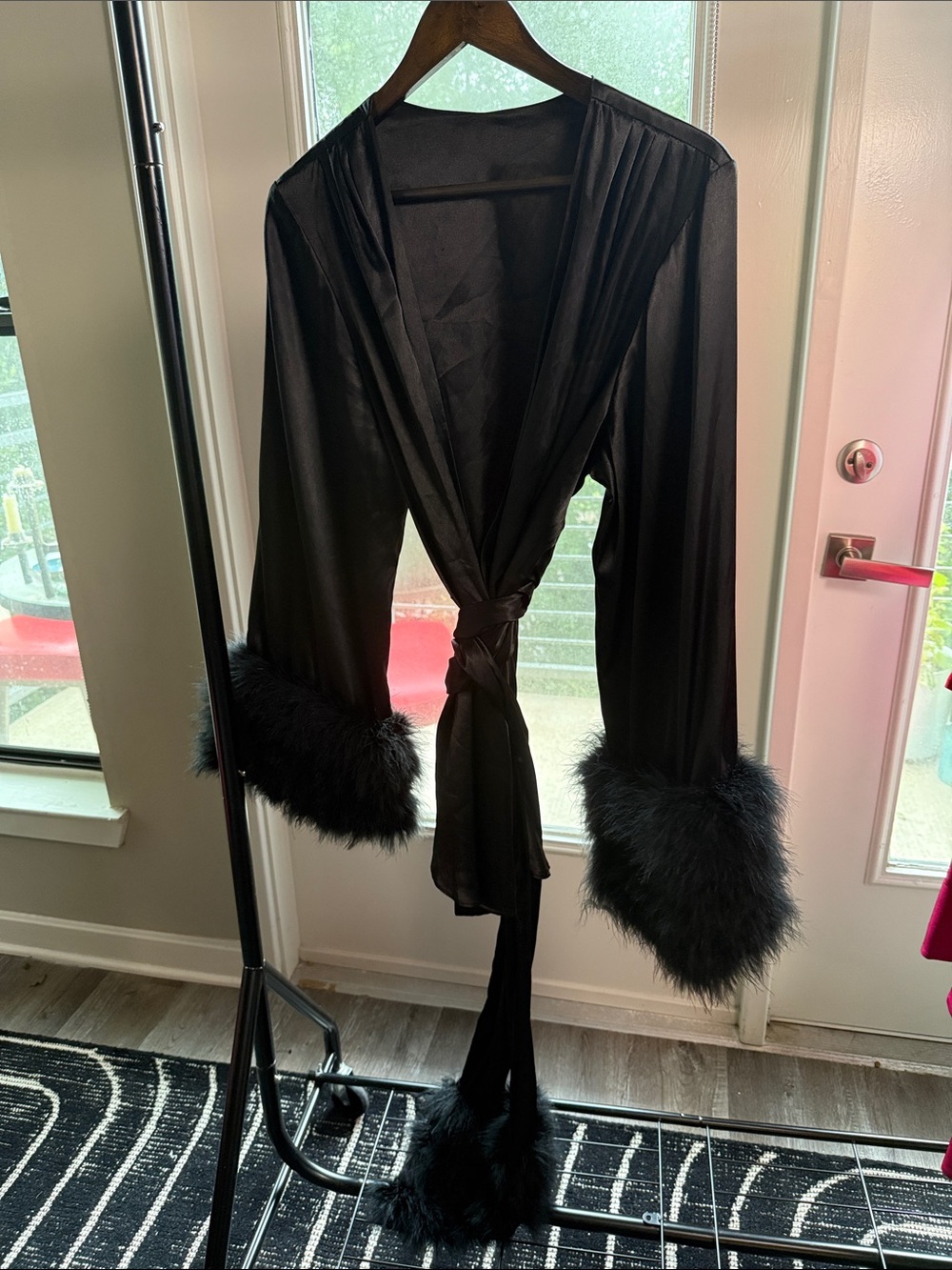 Black Satin Robe with Faux Fur Cuffs and Tie